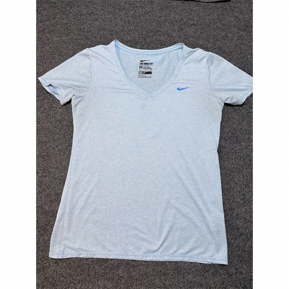 Nike The Nike Tee T-Shirt Womens Size M Blue Micro-Stripe V-Neck Dri-FIT